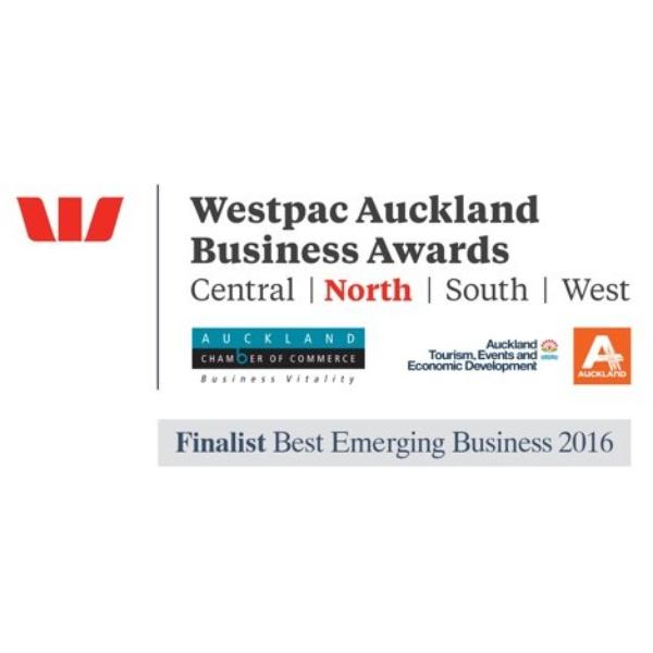 A white graphic with the Westpac Auckland Business Awards branding and text, including 'Central | North | South | West' and 'Finalist Best Emerging Business 2016', plus several award logos and text blocks.