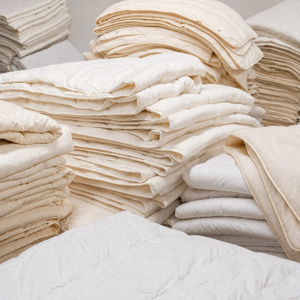 Stacks of folded quilted bedding in warm off-white and cream tones, including a large tufted quilt in the foreground.