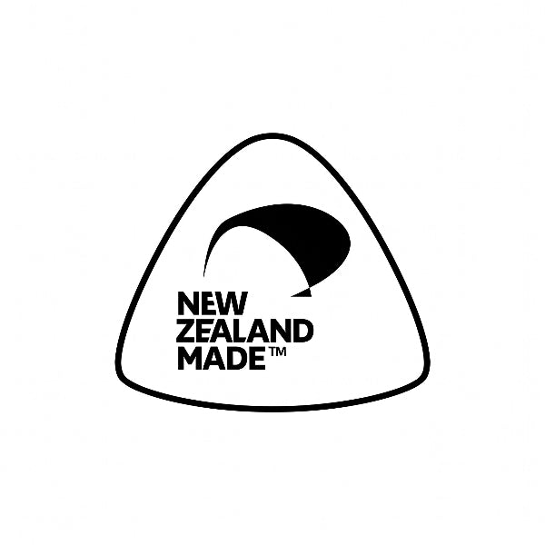 A black triangular 'New Zealand Made' logo with a curved arrow graphic on a plain white background.