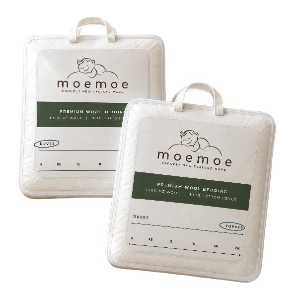 Two Moemoe brand wool bedding duvet packages shown on a white background, one labeled 'Duvet' and the other 'Topper'.